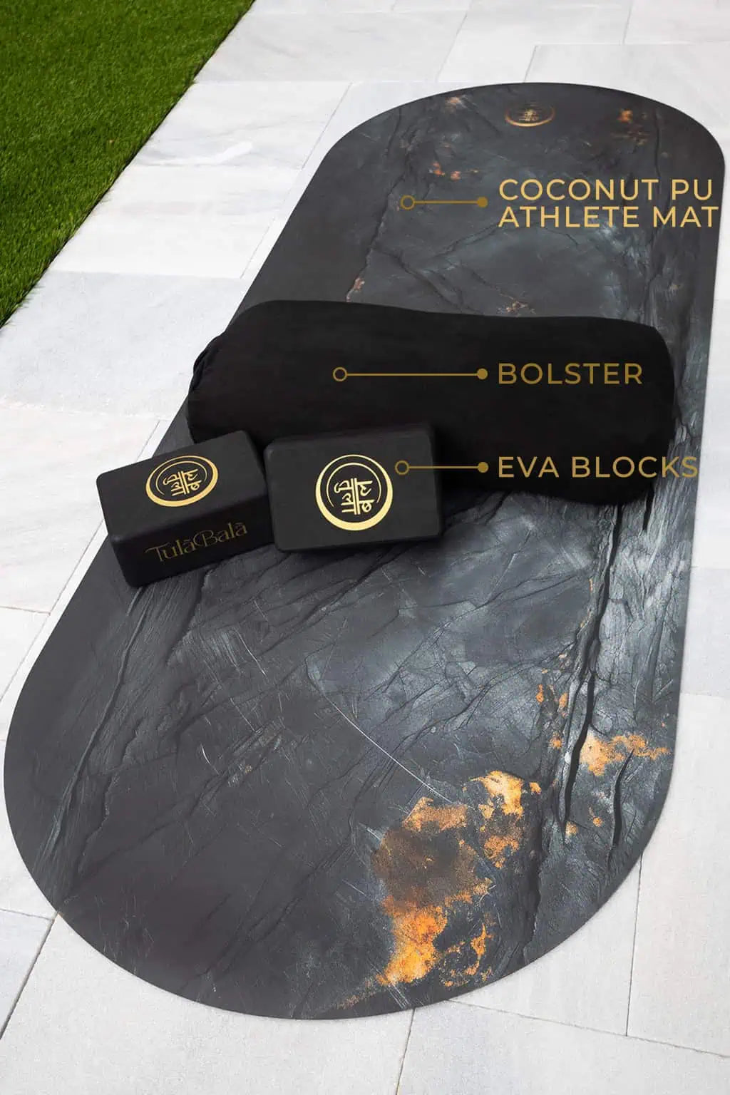 Align & Restore Athlete Coconut PU yoga mat set with moisture-activated traction and firm support, ideal for intense flows, hot yoga, and daily training.