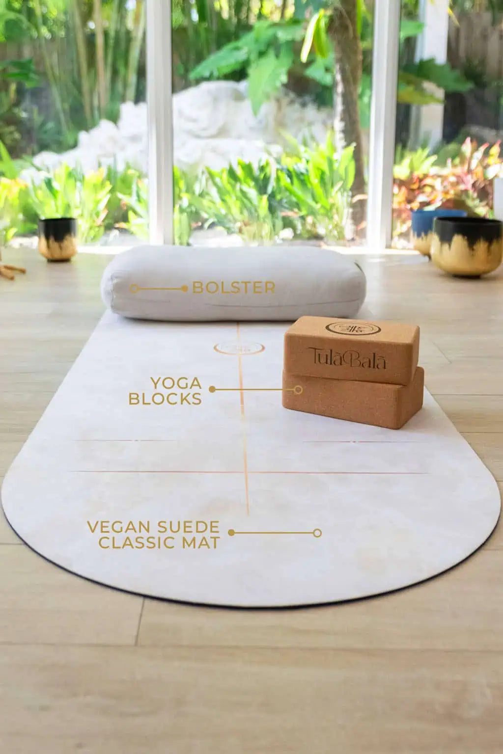 Classic suede yoga mat set with soft-texture grip, designed for stability, comfort, and elevated performance in yoga, pillates, and wellness practice.