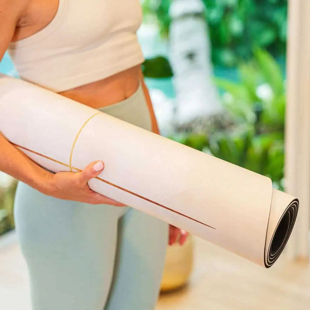 Designer yoga mat crafted with coconut PU for an eco friendly and natural feel.