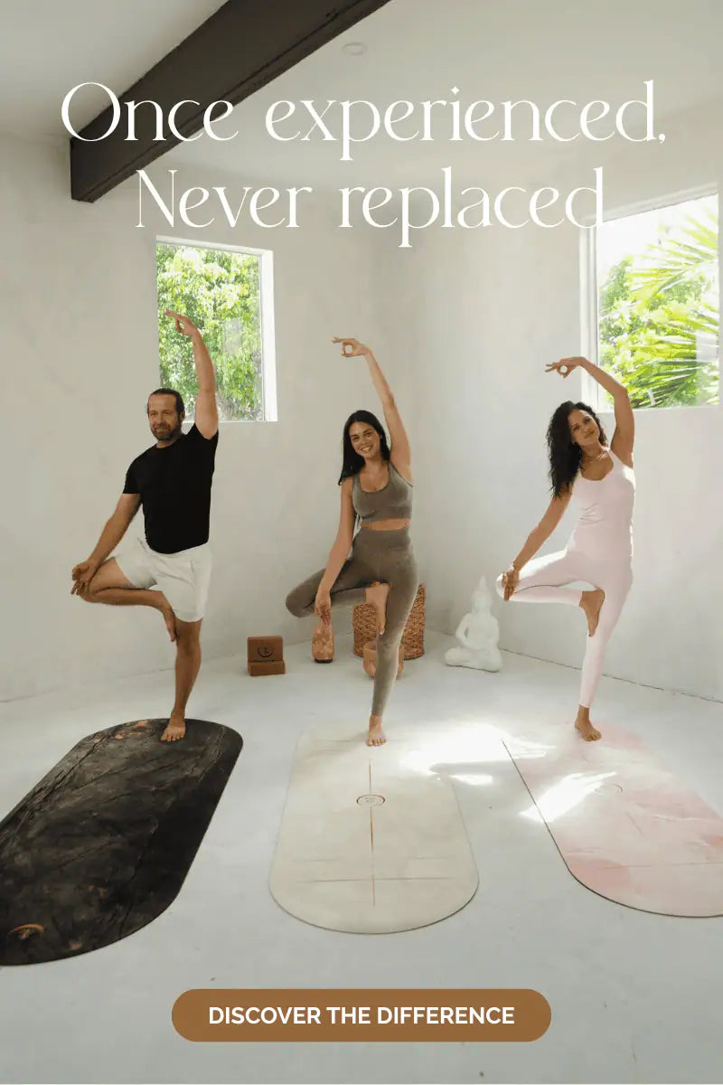 Premium yoga mat collection featuring non-toxic, natural materials and elegant artistic patterns.